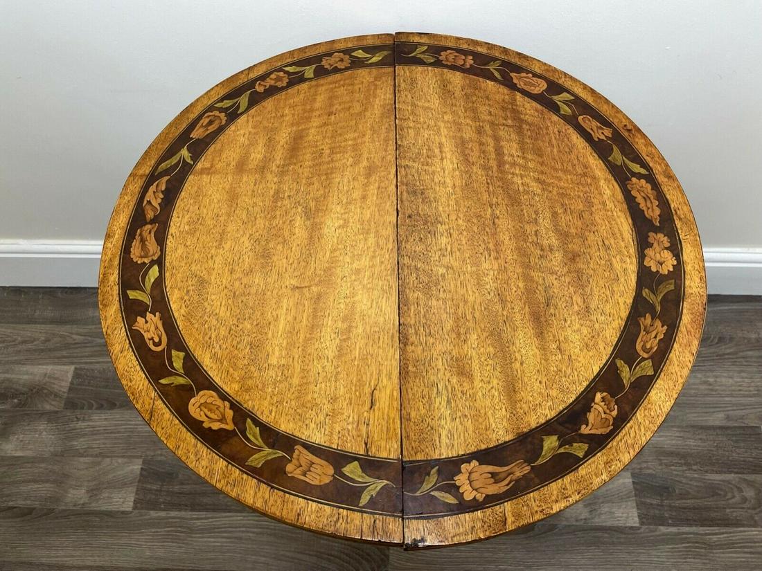 Pair Fine Antique Dutch Demi Lune Tulip Inlaid Marquetry Cherub Console Tables: Pair Fine Antique Dutch Demi Lune Tulip Inlaid Marquetry Cherub Console Tables Pair Fine Small Antique Dutch Demi Lune Marquetry Floral Tulip Inlaid Console Display Tables. With beautiful marquetry de