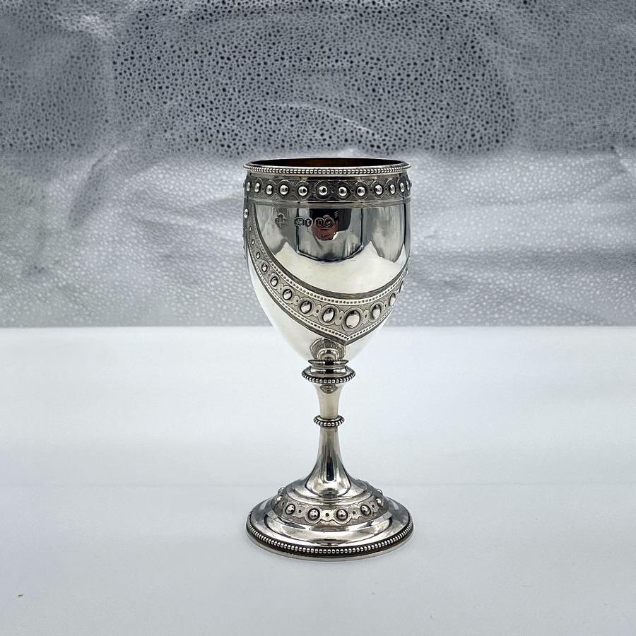 19th Century Antique Victorian Sterling Silver Wine Goblet London 1869 Barnard Family: Title: 19th Century Antique Victorian Sterling Silver Wine Goblet London 1869 Barnard Family Description: A wonderful sterling silver Victorian wine goblet designed with elegant bead themed highlights