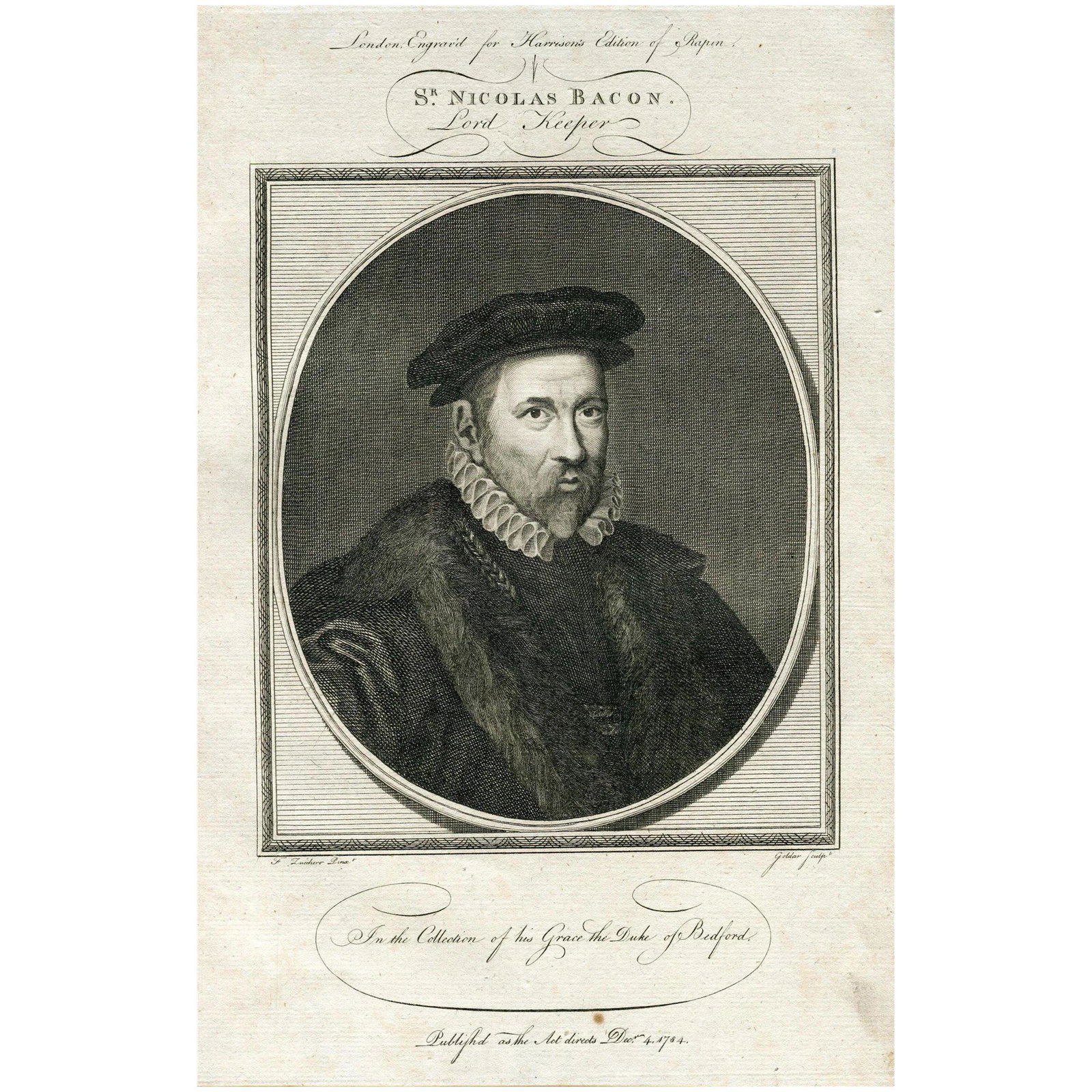Sir Nicholas Bacon (Lord Keeper), 1784: Title: Nicholas Bacon, Lord Keeper. Artist: after a work of Federico Zuccaro (Italian, 1542 - 1609). Engraver: John Goldar (British, 1729-1795). Plate mark: 29x20 cms. Condition: some foxing due to ag