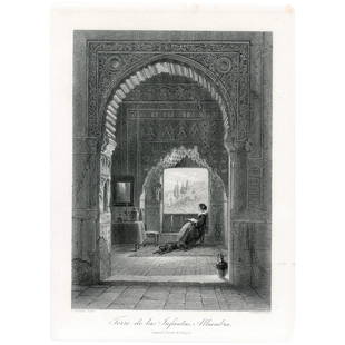 Tower of the Captive - Alhambra Palace in Granada (Spain)- Qalahurra - Original antique engraving: Title: Torre de las Infantas. Alhambra. (Granada - Spain) Artist: Carl Friedrich Heinrich Werner (4 October 1808 – 10 January 1894) Engraver: T Heawood (British, nineteenth century) Plate size: