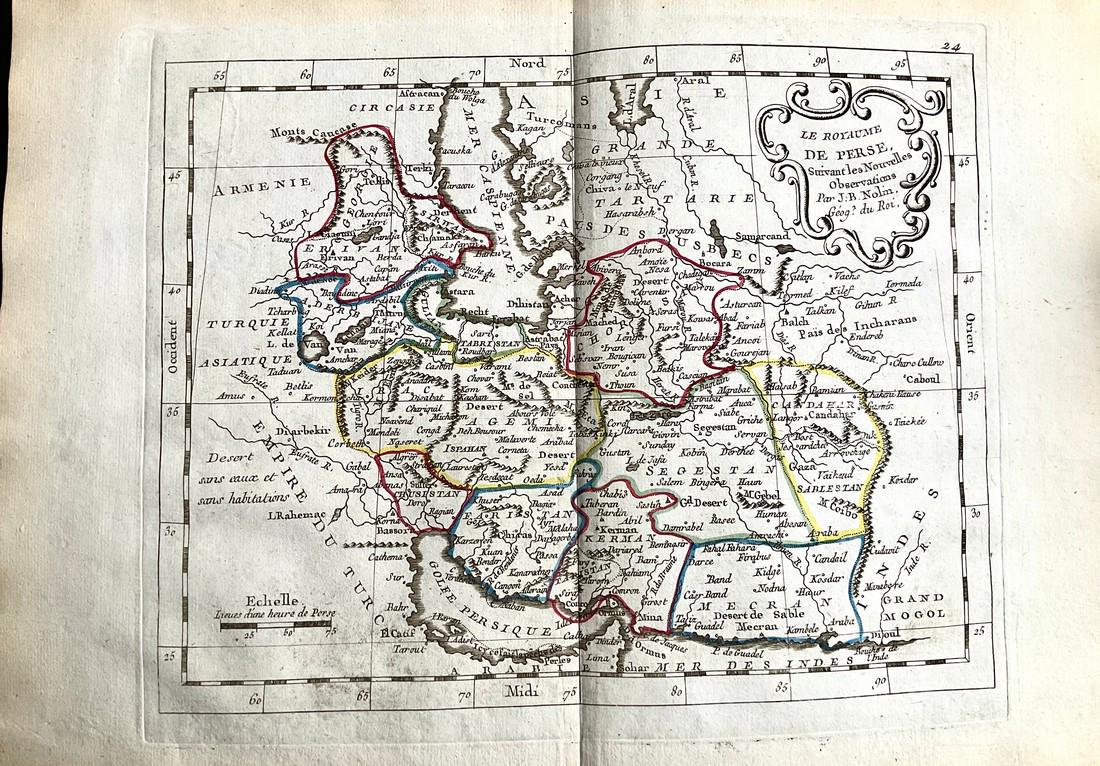 Persia, 1780/81. Scarce map by J. B. Nolin: Title: Persia, 1780/81. Scarce map by J. B. Nolin Date/Period: 1780/ 1781 Materials: Hand colored copper plate engraved Size: 14 1/2 x 10 1/4" Shows the divisions of Persia with parts of Afghanistan,