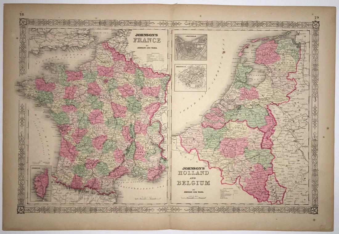 Johnson's France | Johnson's Holland And Belgium: Publication Date: 1864 Title: Johnson's France | Johnson's Holland And Belgium Cartographer: JOHNSON, ALVIN JEWETT Publisher: JOHNSON AND WARD Height: 15.5 Width: 24.25 Brightly colored. Two quarto ma