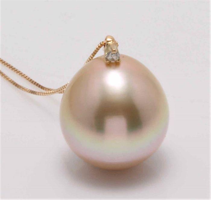 12x13mm Golden South Sea Pearl Drop - 14 kt. Yellow gold - Necklace with pendant - 0.02 ct (1 of 8)
