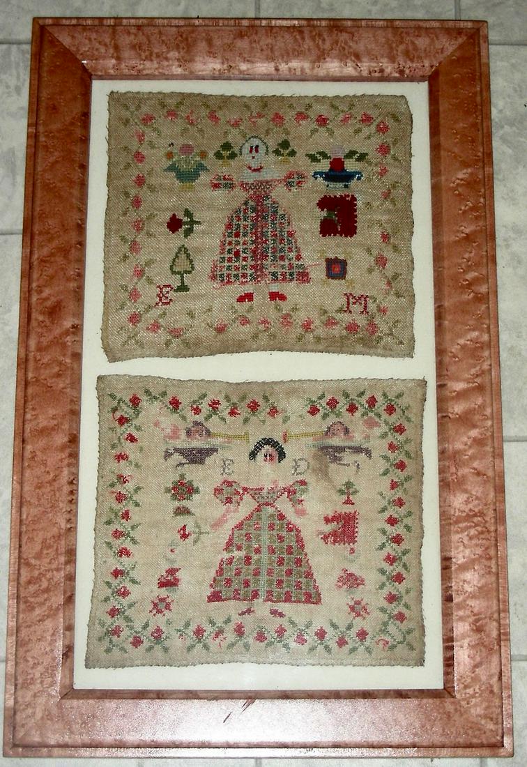 2 Needlework Samplers of Girls in Big Skirts (1 of 4)