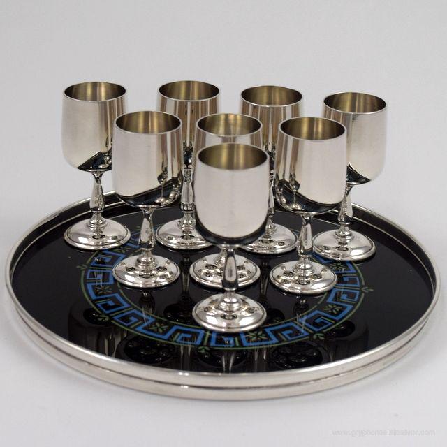 Set of 8 - Mid-Century Sterling Silver Cordials with Greek Design Glass Insert Tray #1324 by Gorham (1 of 5)