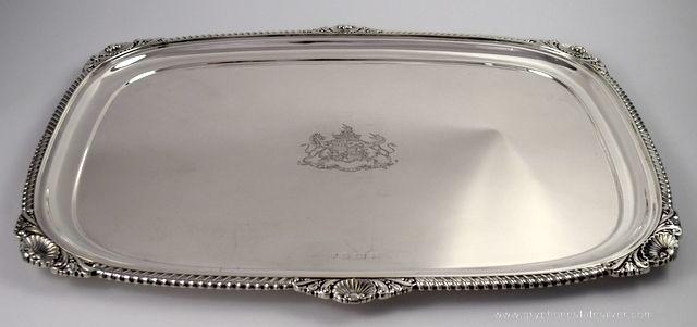 George V English Sterling Silver Serving Tray - by J.B. Chatterley & Sons: Sterling Silver English Serving Tray - by J.B. Chatterley & Sons. Made in Birmingham, England circa 1929 Engraved "FOI ROI DROIT" (translates Faith, King, Right) with unicorn & lion. Tray meas