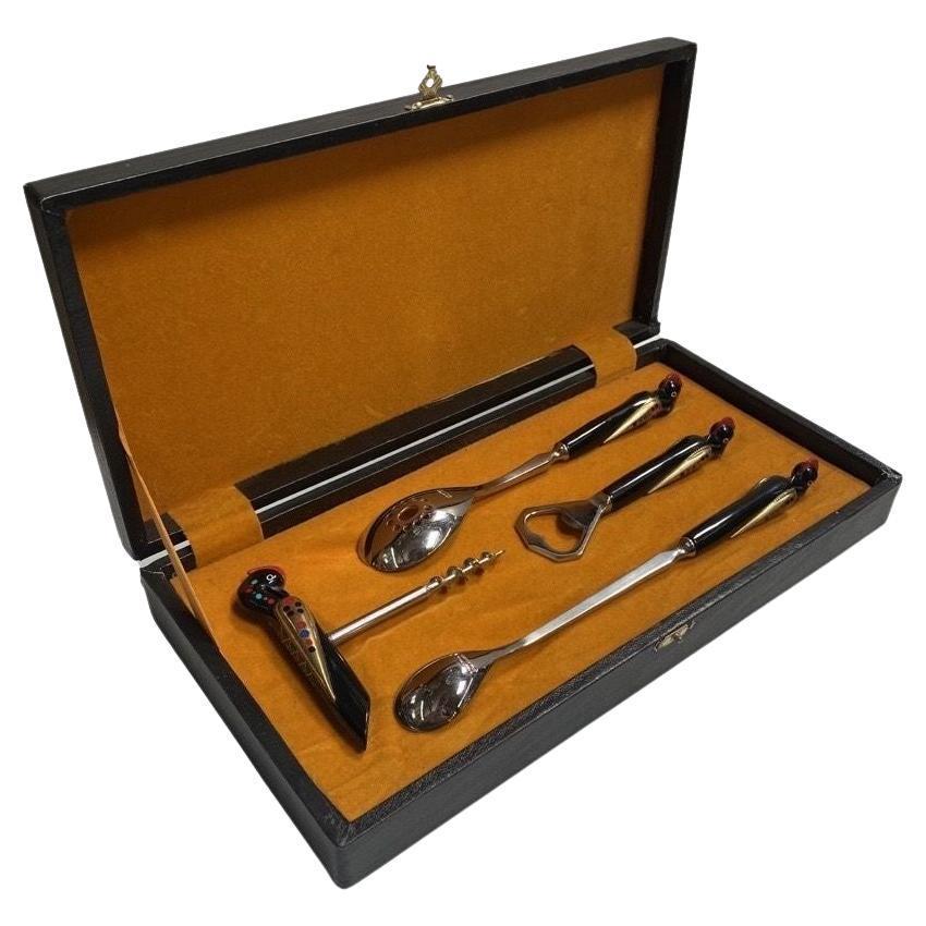 Bar Tools Set With Phoenix Bird Carved Handle Handmade Inlay by Haddad Jezzine: Title: Bar Tools Set With Phoenix Bird Carved Handle Handmade Inlay by Haddad Jezzine Description: Alfred Haddad Jezzine Cutlery made this Barset in the 1950s. This company began in Jezzine, Lebanon i