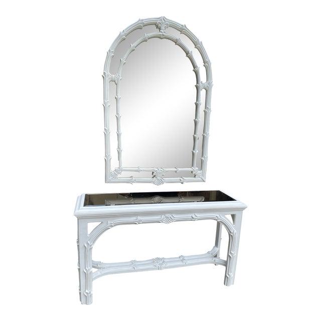 Vintage Palm Tree Frond White Conole and Mirror - 2 Pieces: Stunning Vintage Palm Tree Frond While Mirror Console and Matching Glass Console Table. This is such an amazing piece to spruce up your living space. DIMENSIONS 36"W x 2"D x 50"H STYLES French Country