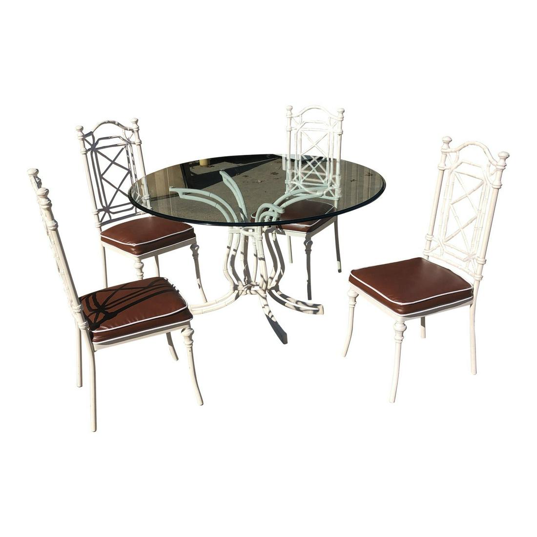 1970s White Phyllis Morris Style Metal Bamboo Dining Furniture - Set of 6: Absolutely gorgeous white metal Bamboo Set with four chairs and one table and glass top. Everything is in beautiful condition, very sturdy and chairs in great condition as well. Dimensions: 15"W x 16"