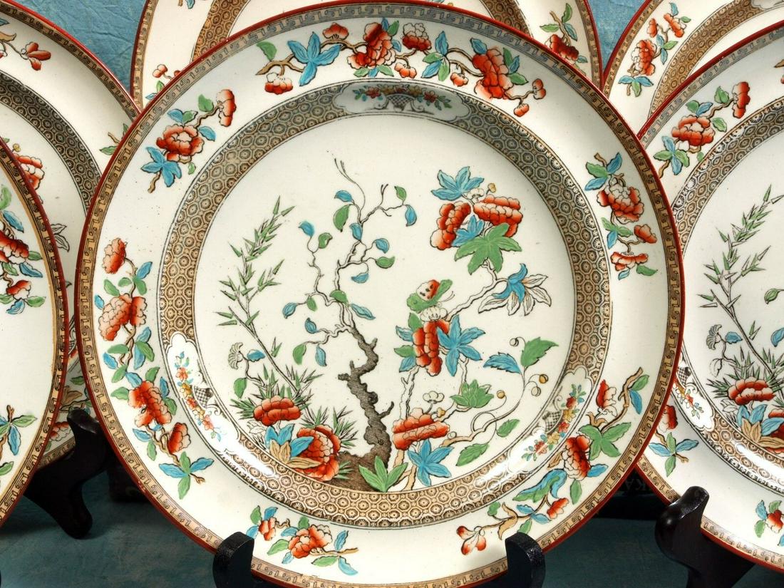 Spode COPELAND Indian Tree Green Rust Luncheon Plates set of 8 Victorian c.1860: This is a set of eight (8) early luncheon/dinner plates made by William Taylor Copeland in the famous Indian tree pattern. They had impressed Copeland mark, that dates the pieces between 1850 and 1866