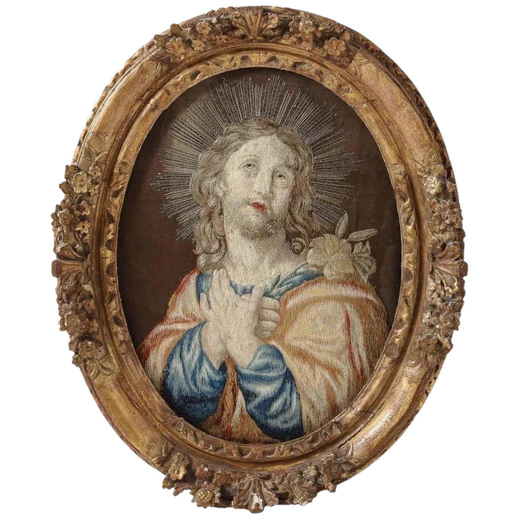 18th Century Italian Embroidered Panel of Holy Jesus Christ, in Original Frame (1 of 11)