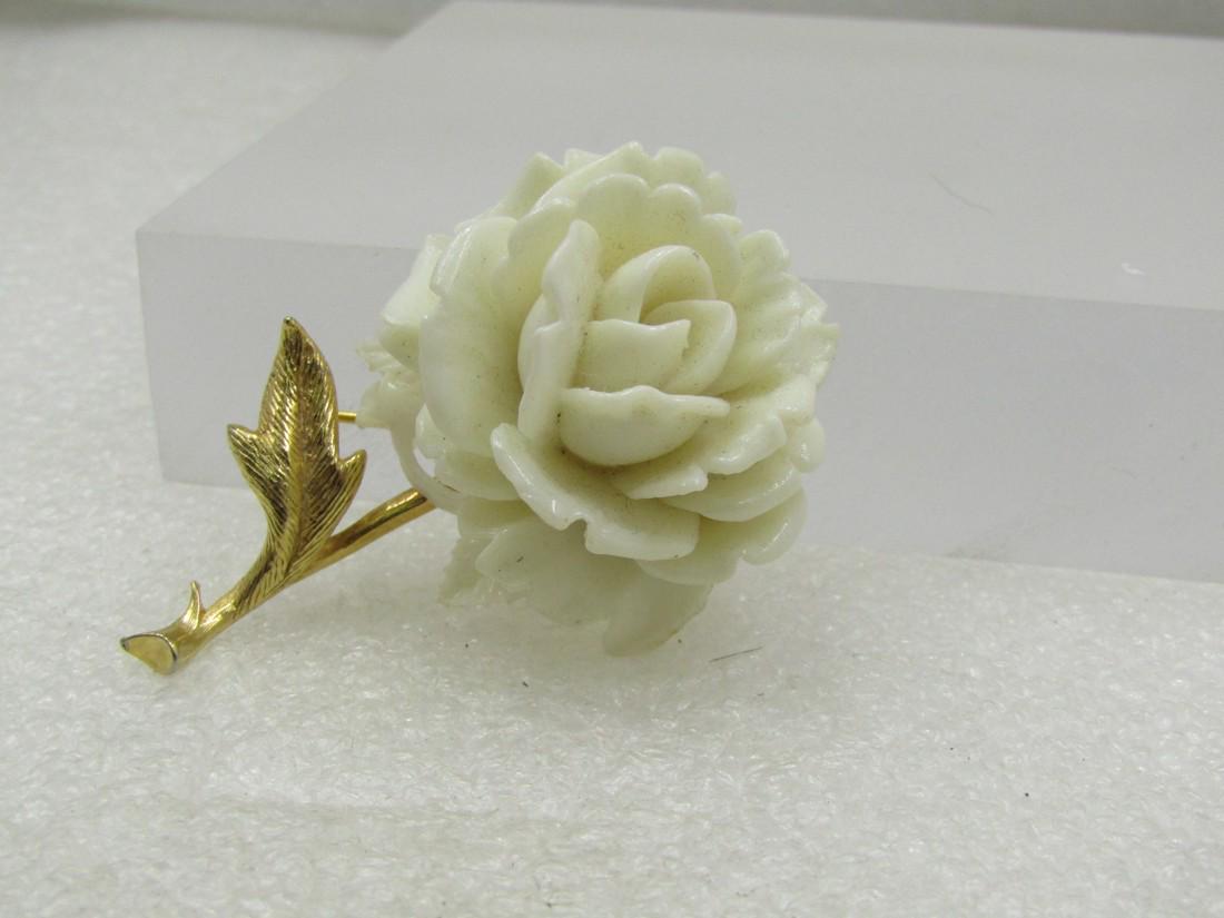 Vintage Carved White Rose Brooch, 1960's, 2.25" (1 of 5)