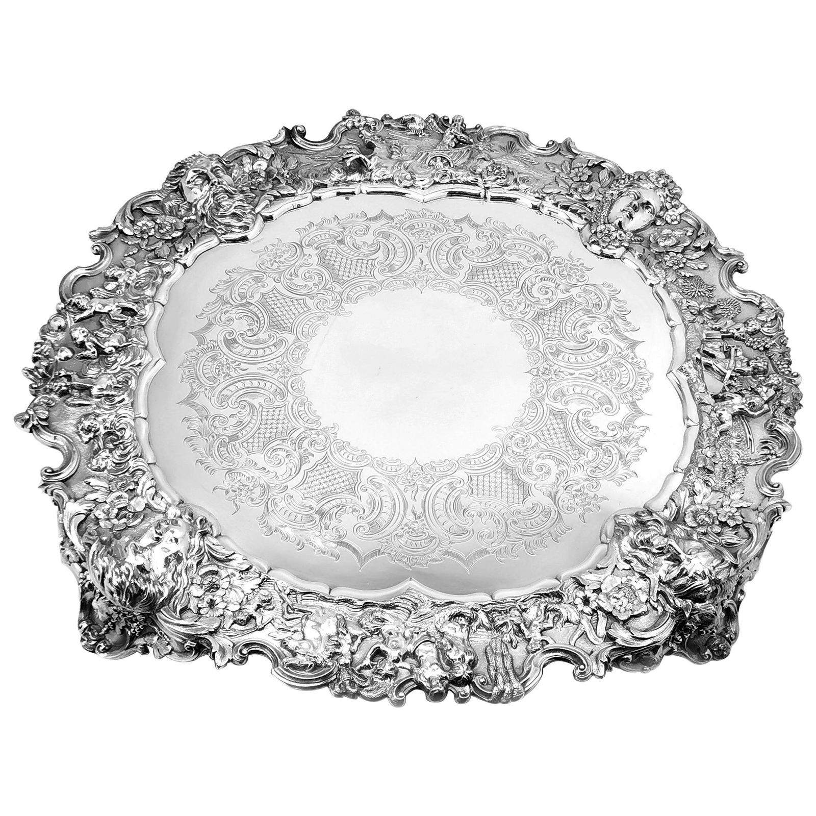 Victorian Extra Large Ornate Silver Plated Salver Tray Platter circa 1880: Title: Victorian Extra Large Ornate Silver Plated Salver Tray Platter circa 1880 Year/Origin: circa 1880England Additional Information: An impressive antique Victorian silver plated Salver. This ornat