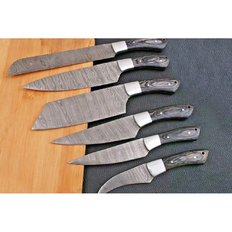 Set 6 exclusive pattern damascus steel knives kichen: Set of 6 Knives "Six" Blade - damask steel Handle – steel bolster, wood Blade hardness – 56-60 HRC Total length – 222-337 mm. Blade length - 114-216 mm. Handle length – 110-120