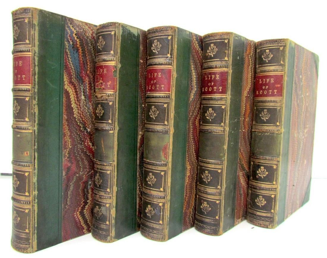 1839 MEMOIRS of LIFE of SIR WALTER SCOTT 5 VOLUMES in ENGLISH antique DECORATIVE: MEMOIRS of the LIFE of SIR WALTER SCOTT 5 VOLUMES (incomplete set) Robert Cadell, Edinburgh Whittaker & Co. London 1839 Original half leather with marbled covers size 4 1/2 by 6 3/4" Generally in good