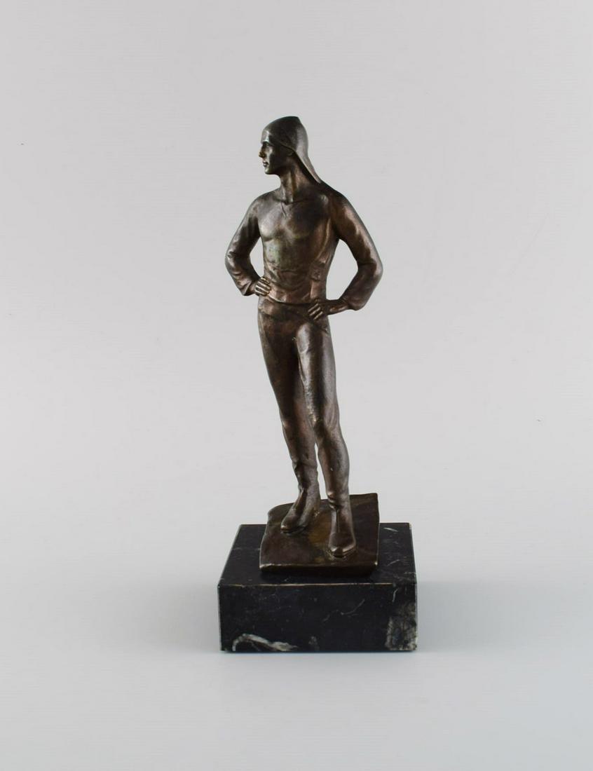 Unknown sculptor. Bronze figure on marble base. Hooded man. 1930s / 40s. (1 of 7)