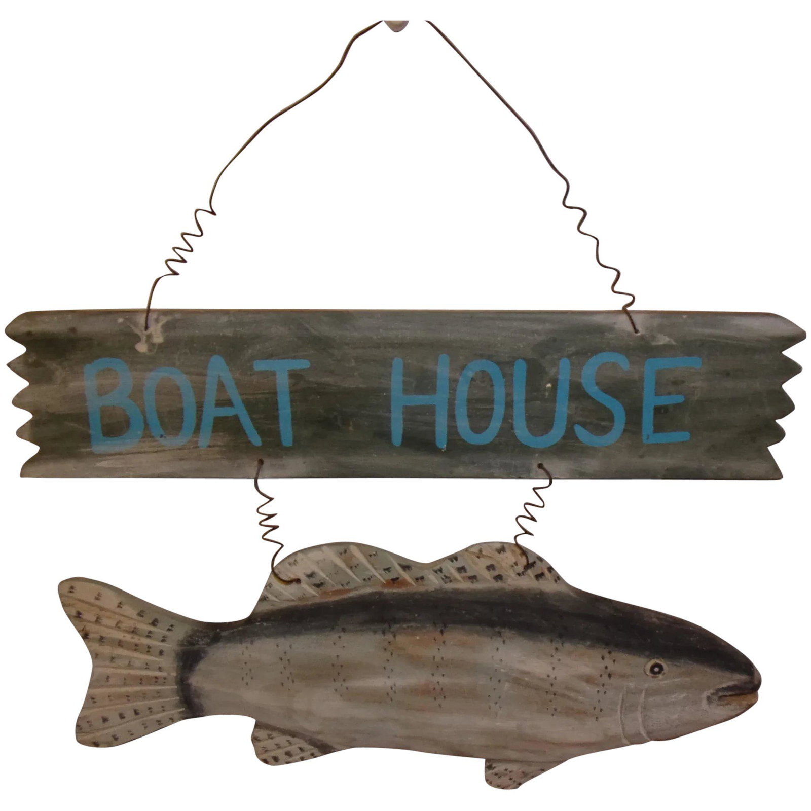 Vintage Wood Boat House Sign with Fish: This Vintage Wood Boat House Sign with Fish is in excellent condition. It measures 11 ¾” in length and the fish is 11 ¾”. It hangs at a length of 12”. This design most like