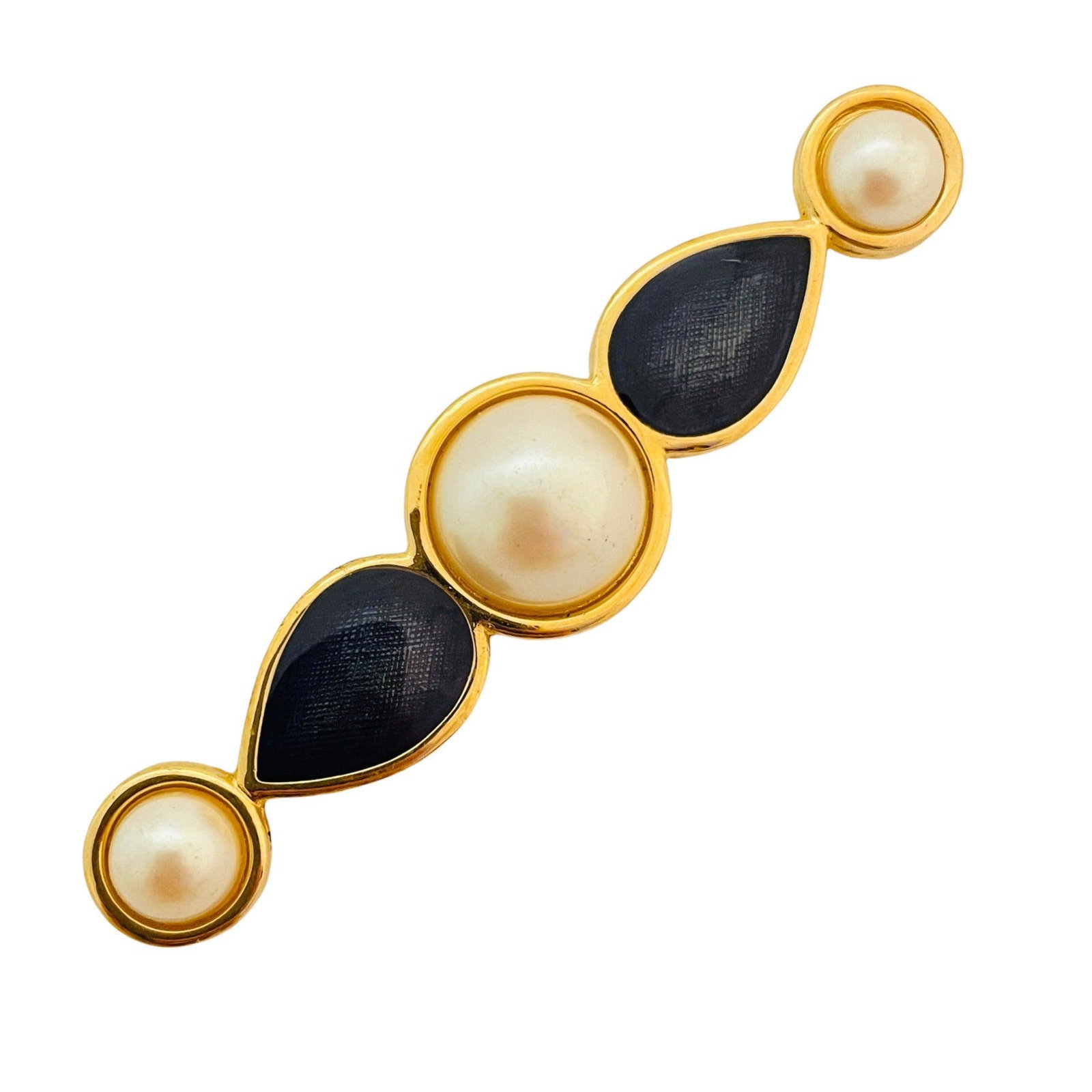 Vintage MONET gold enamel pearl brooch designer runway: Details: Signed MONET gold tone with pearls and enamel vintage designer runway brooch MEASUREMENTS: : 2.63" by 0.63" CONDITION: excellent vintage condition with minimal signs of wear Reserve: $94.00 S