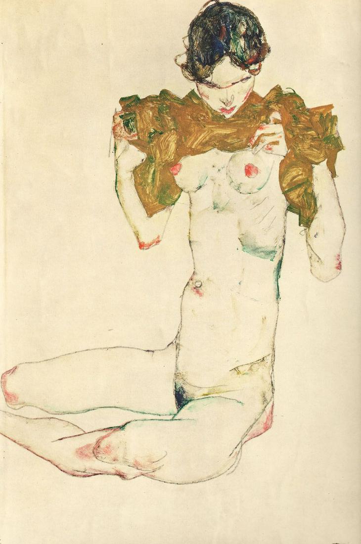 Egon Schiele Lithograph 33, The Virgin, 1968: Artist: Egon Schiele Country: Austria Title: The Virgin Medium: Lithograph -33 Marks: Signed in plate Printed: 1968 by Max Jaffe, Vienna Austria Paper: Heavy paper 20 x 14 inch Provenance: Egon Schiel