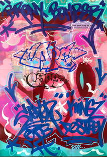 COPE2: Bronx Bomber: Artist: COPE2 Title: Bronx Bomber Medium: Painting. Acrylic, Marker and Spray on NYCMetro Map, 2022 Size/Format: 32" x 23" Additional Information: Painting. Acrylic, Marker and Spray on NYCMetro Map,