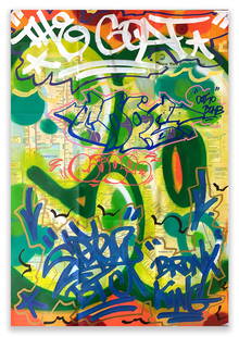 COPE2: The GOAT: Artist: COPE2Title: The GOATMedium: Acrylic, Marker and Spray on NYC Metro MapSize/Format: 32" x 23"Additional Information: Acrylic, Marker and Spray on NYCMetro Map Please note that this lot has a