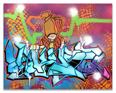 TKID170: 70 ROC: Artist: TKID170Title: 70 ROCMedium: Aerosol, Acrylics and Marker on canvasSize/Format: 16" x 20"Additional Information: T-KID 170 - "70 ROC" Painting. Aerosol, Acrylics and Marker on canvas Measures