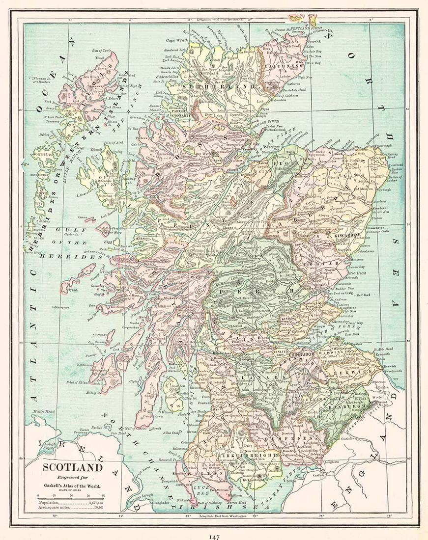 Scotland: Publication Date: 1887 Title: Scotland Cartographer: CRAM, GEORGE F. Publisher: GEORGE V. JONES & CO. "Engraved for Gaskell's atlas of the world." From Gaskell's of the world. Page 147. Reverse shows 