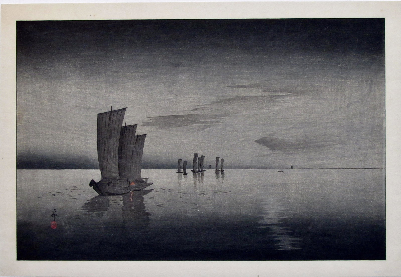 Koson: Fishing Boats: Artist: Ohara KOSON (1877-1945) Subject: Fishing Boats Signature: Koson with seal Date: c. 1930 Format: ôban, 37.6 x 25.5 cm Condition: Fine impression, color and condition, small dent upper cent