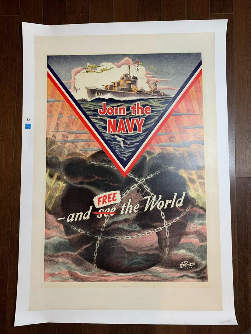 Join The Navy - Art by M. Privitello (1942) 28" x 42" US WWII Recruitment Poster LB (1 of 6)