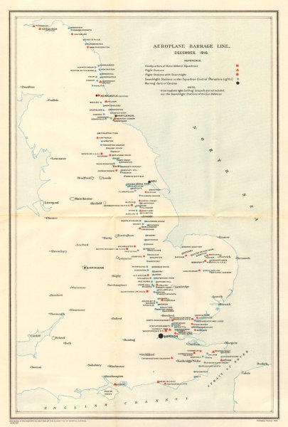 FIRST WORLD WAR. England Aeroplane Barrage line, December 1916 1931 old map (1 of 2)