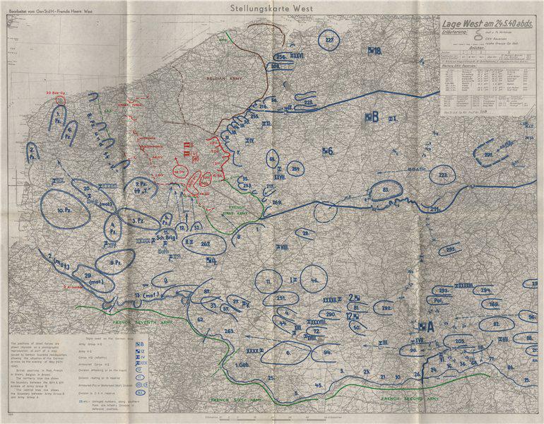 FALL OF FRANCE 1940. German British French Belgian troop positions 1953 map (1 of 2)