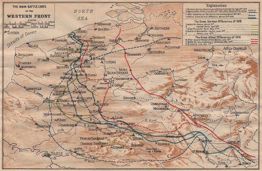 WESTERN FRONT MAIN BATTLE LINES. Vintage map. WW1 First World War. Flanders 1920 (1 of 2)