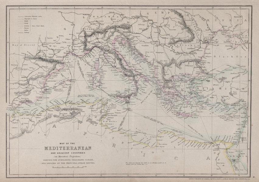 MEDITERRANEAN SEA. Submarine telegraph cables. steamship routes. LOWRY 1868 map: TITLE/CONTENT OF MAP: 'Map of the Mediterranean and Adjacent Countries (on Mercator's Projection) Shewing the Submarine Telegraph Cables, and Lengths of the principal Steam Routes' DATE PRINTED: 1868 