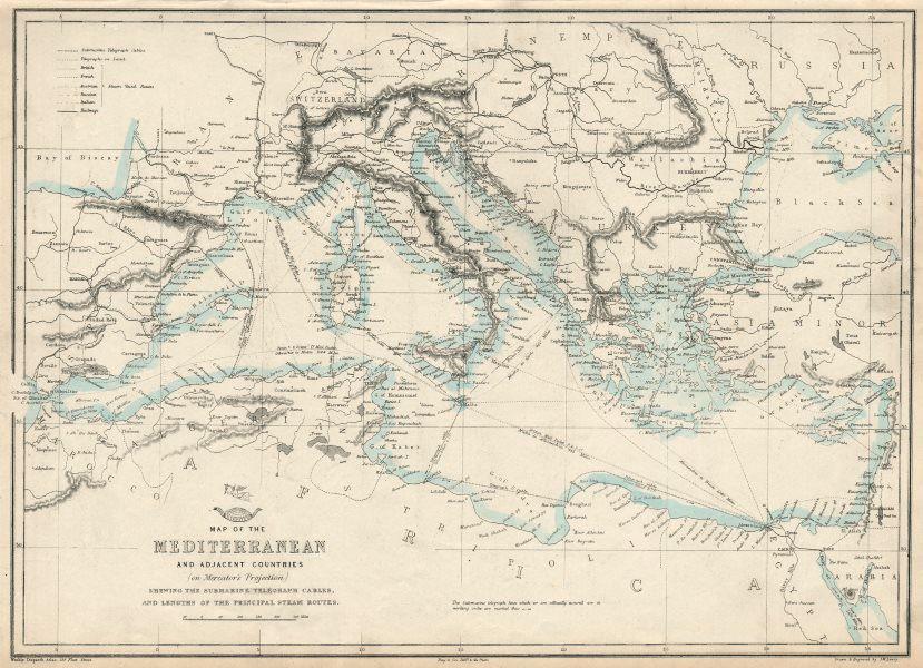 MEDITERRANEAN SEA. Submarine telegraph cables. steamship routes. LOWRY 1863 map: TITLE/CONTENT OF MAP: 'Map of the Mediterranean and Adjacent Countries (on Mercator's Projection) Shewing the Submarine Telegraph Cables, and Lengths of the principal Steam Routes' DATE PRINTED: 1863 