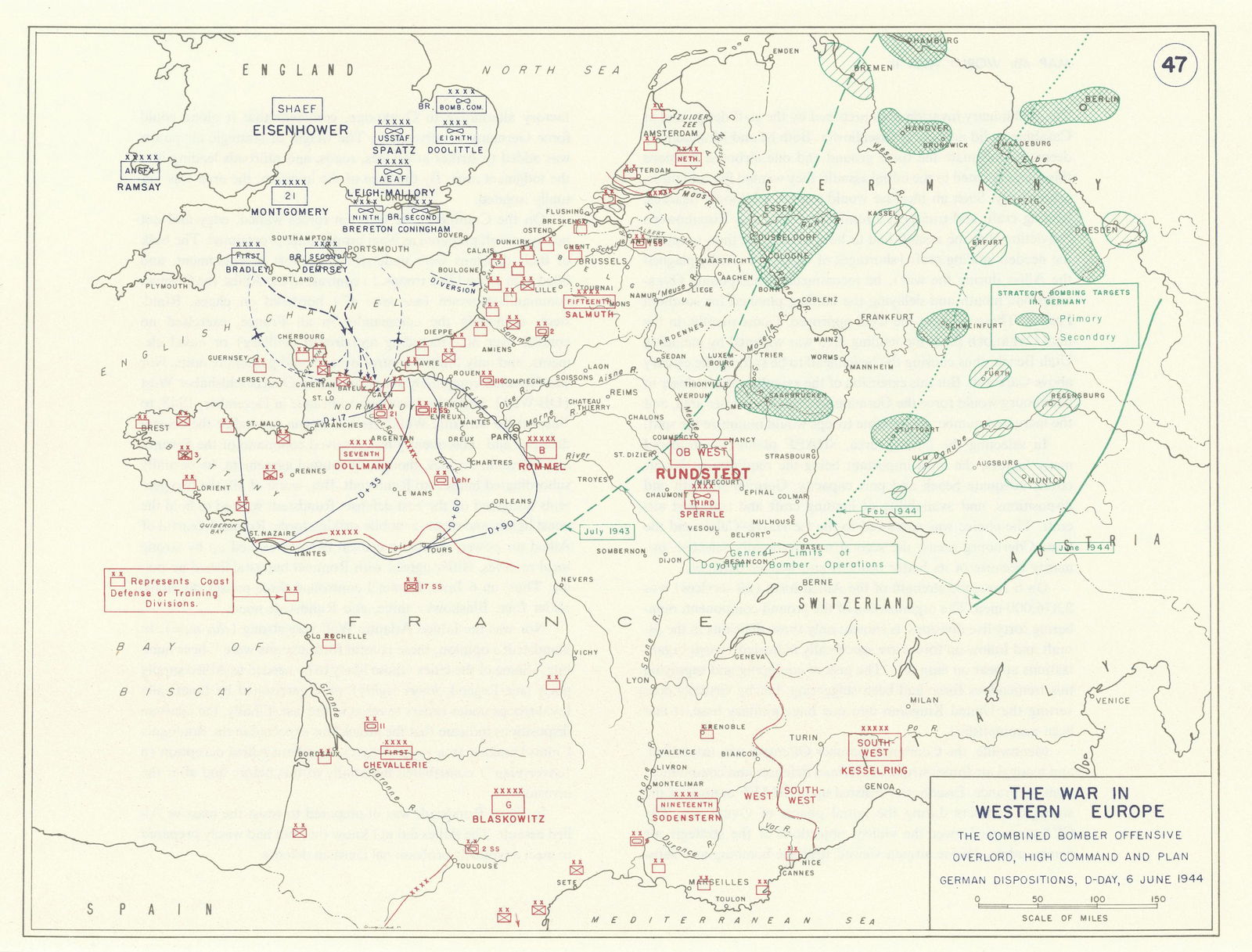World War 2. Western Europe 6 June 1944. Bomber Offensive/Overlord plan 1959 map (1 of 1)