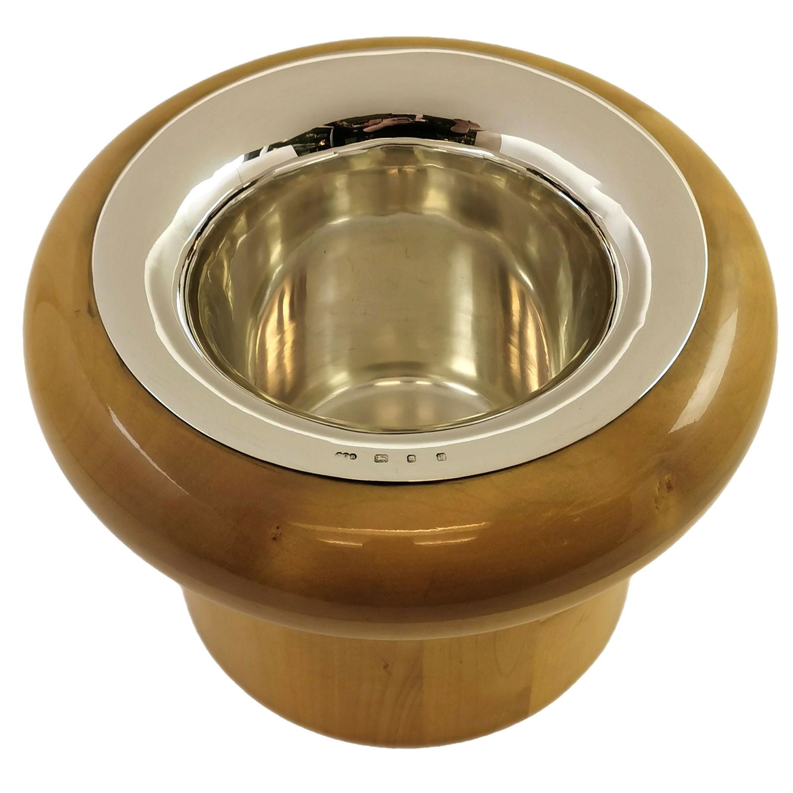 Gerald Benney Sterling Silver and Wood Champagne Cooler Wine Ice Bucket, 1993: Title: Gerald Benney Sterling Silver and Wood Champagne Cooler Wine Ice Bucket, 1993 Description: A magnificent modern English Sterling Silver and light wood Wine / Champagne Cooler by noted Silversmi