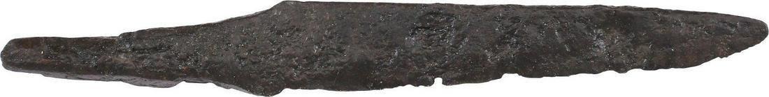 VIKING SIDE KNIFE OR POUCH KNIFE, 879-1067 AD: 2 1/2" total length. Particularly thin section for slashing, distinguishing it from a working knife. Whittle tang, to secure it to the wood, bone, or antler grip, now perished. Isolated pockmarks oxid