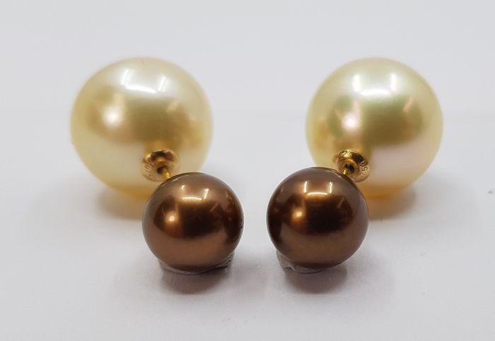 8.5x13mm Golden South Sea and Chocolate Tahitian Pearls - 18 kt. Yellow gold - Earrings: Title: 8.5x13mm Golden South Sea and Chocolate Tahitian Pearls - 18 kt. Yellow gold - Earrings Description: These earrings showcase a modern and iconic design. The timeless style is composed of two hi