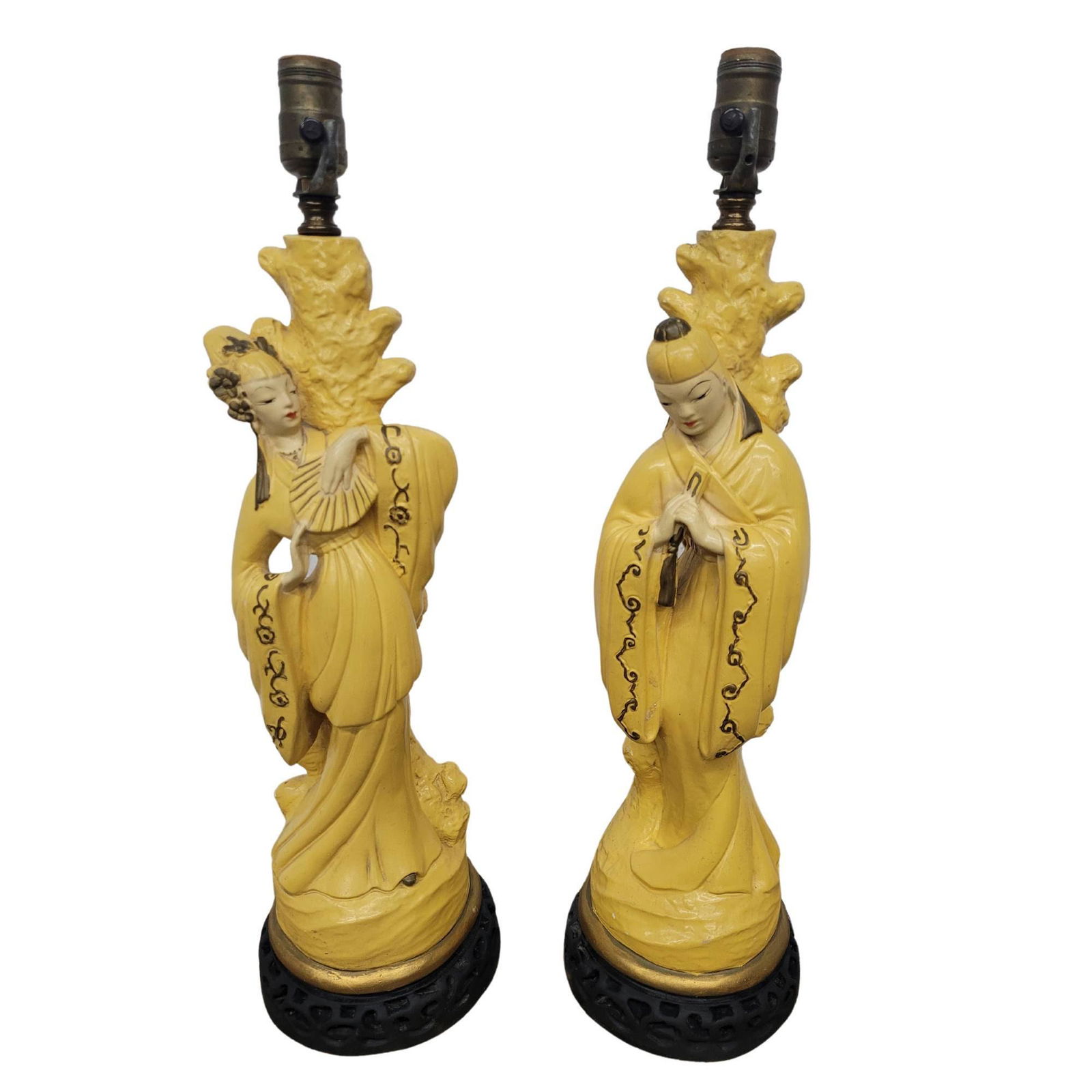Vintage Chalk Asian Table Lamps Yellow Oriental Man Woman Statues (1 of 10)