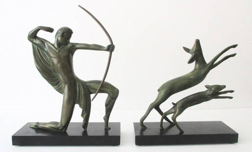Michel Decoux: 2-Piece Bronze Sculpture "A Hunter With Bow Chasing Two Deer": Title: Michel Decoux: 2-Piece Bronze Sculpture "A Hunter With Bow Chasing Two Deer" Description: Michel Decoux (1837-1924) "Hunter With Bow Chasing Two Deer" circa. 1918 France This exquisite two-piec