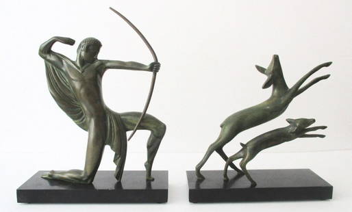 Michel Decoux: 2-Piece Bronze Sculpture "A Hunter With Bow Chasing Two Deer": Title: Michel Decoux: 2-Piece Bronze Sculpture "A Hunter With Bow Chasing Two Deer"Description: Michel Decoux (1837-1924) "Hunter With Bow Chasing Two Deer" circa. 1918 France This exquisite