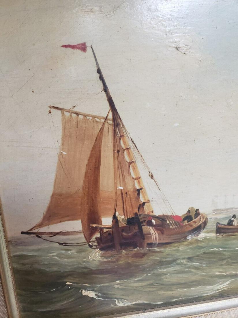 Oil painting harbor scene European on board gold frame italian frame (1 of 4)