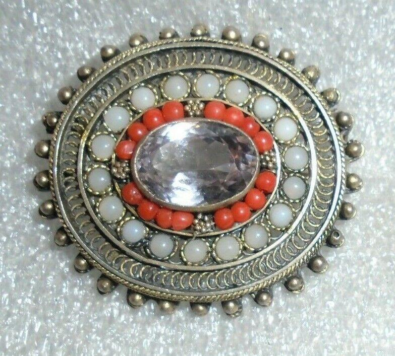 fine vintage Israel sterling silver kunzite coral glass opal pin pendant (1 of 3)
