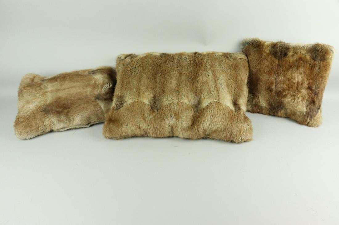 SET OF 3 MUSKRAT FUR PILLOWS: Title: SET OF 3 MUSKRAT FUR PILLOWS Size/Dimensions: Repurposed from multiple vintage fur garments re-made into super soft pillows, perfect for decoration; no filling in the pillow due to shipping; Si
