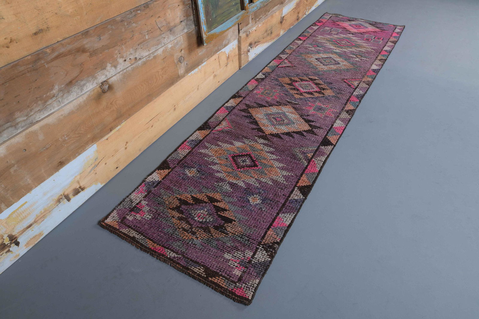2'6 x 9'9 Ft Turkish Antique Runner Rug: Title: 2'6 x 9'9 Ft Turkish Antique Runner Rug Date/Period: 1960 - 1970 Origin: Turkey Dimension: 2'6 x 9'9 Ft Materials: Wool and Cotton Provenance: This Turkish one-of-a-kind Vintage Rug is hand-kno