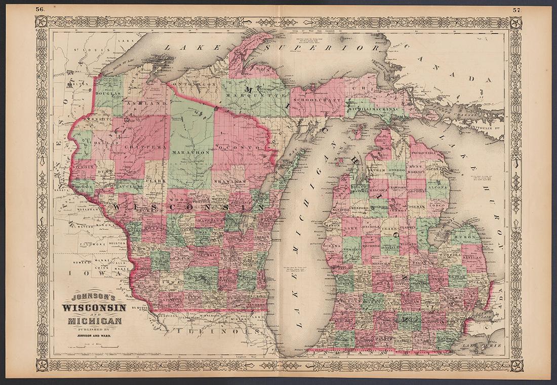 Vintage map of Wisconsin & Michigan, 1865 (1 of 5)