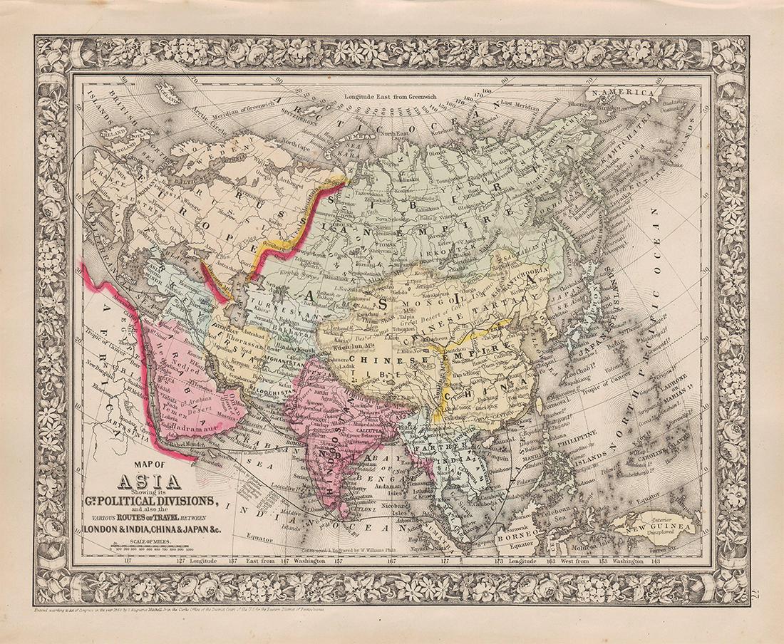 Nice map of Asia from S. A. Mitchell, Jr. – 1860s: Map of Asia Showing its Political Divisions and also the Various Routes of Travel Between London & India, China & Japan, etc. Detailed map of Asia, colored by country. Full and original hand coloring.