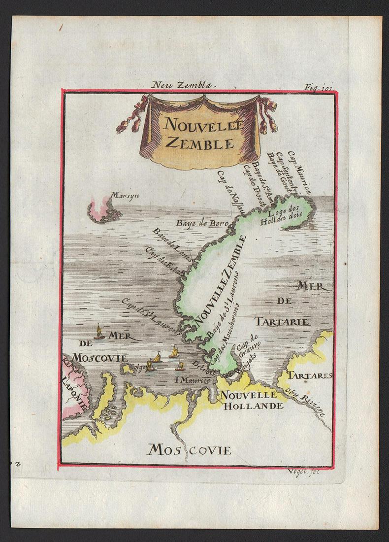 1685 map of Northern Russia from Mallet’s Description de L’Univers: Nice map of Northern Russia by Alain Mallet. From his “Description de L’Univers’” published 1685. Nouvelle Zembelle. Modern hand coloring. Clean map. 4.25 x 5.875 image on 5.75