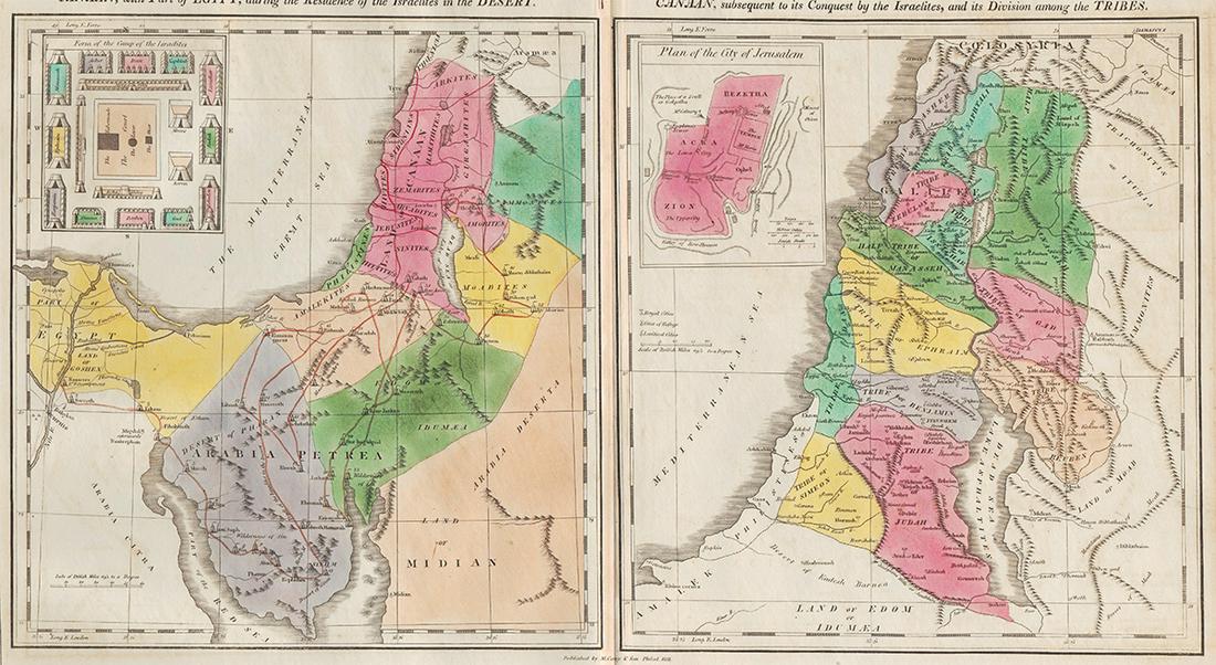 1821 maps illustrating Sacred History, M. Carey: Two maps within one frame: (1) Canaan, with part of Egypt during the Residence of the Israelites in the Desert, and (2) Canaan, Subsequent to its Conquest by the Israelites and Divisions Among its Tri