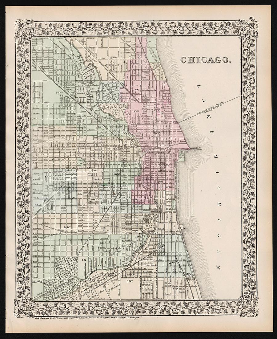 Vintage 1874 map of Chicago from Mitchell: Authentic vintage map of Chicago from the 1874 edition of Mitchell's New General Atlas. Shows the City of Chicago and parts of the surrounding suburbs. Streets are labeled, as well as parks, railroad 
